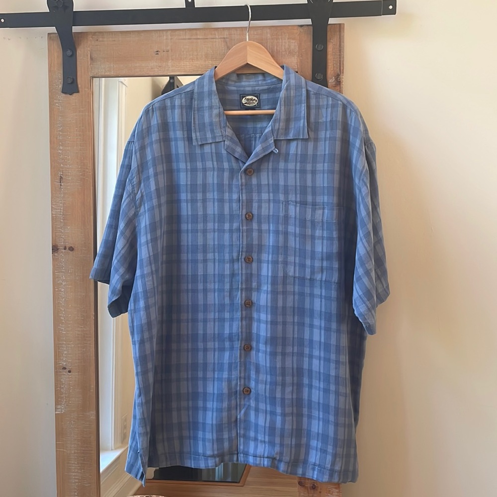 Tommy Bahama Blue Plaid Linen Camp Shirt Size XL